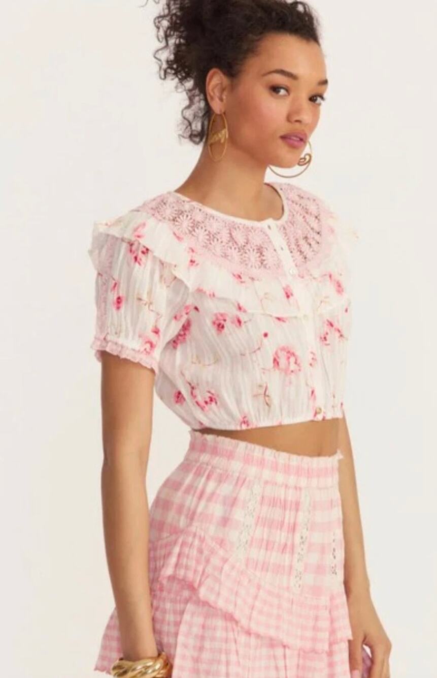 LoveShackFancy Pink Floral Lace Collar Trim Elina Shirt Sleeve Crop Top M